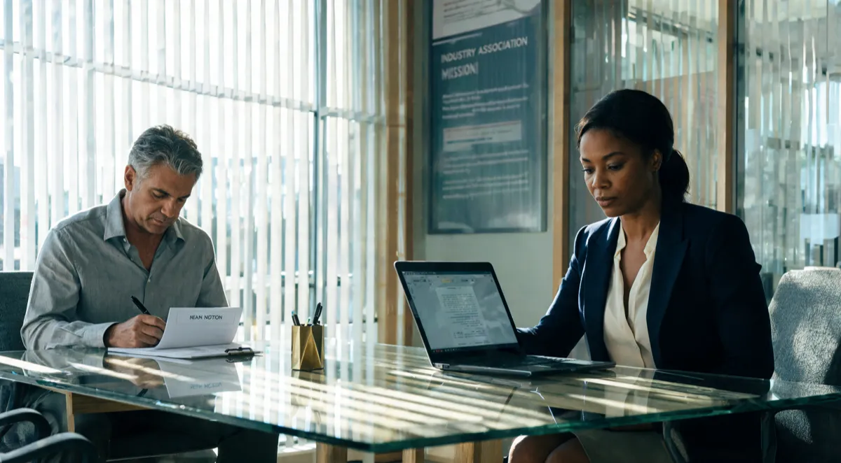 An association executive reviewing standards at a glass conference table