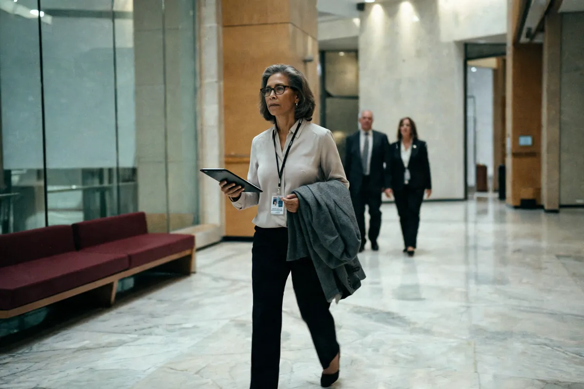 An association government-affairs director walking a state-capitol hallway with a tablet
