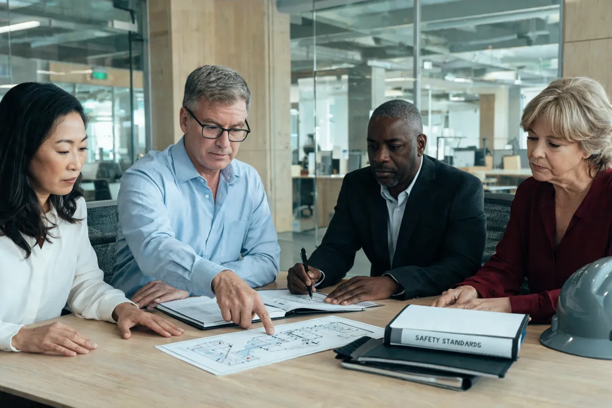 An association safety committee reviewing a printed standards document