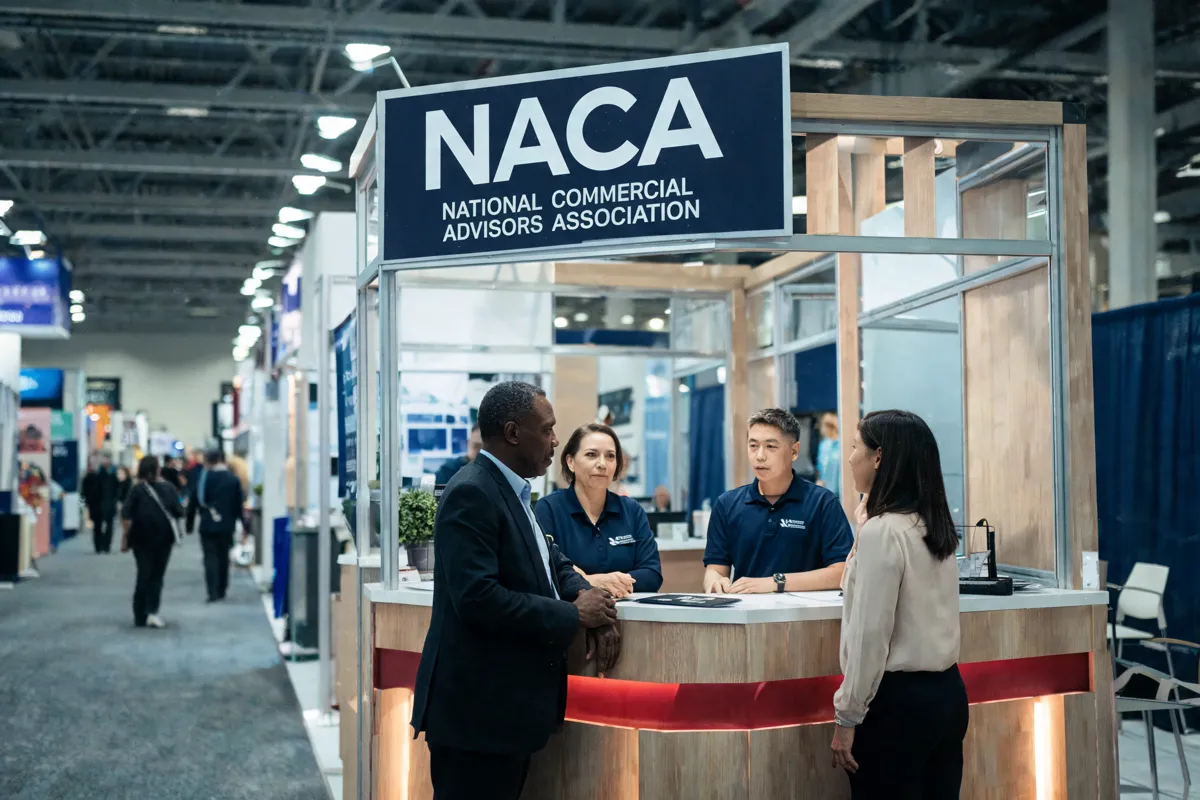 A trade-show floor viewed from a mezzanine, member and vendor conversing at the association booth