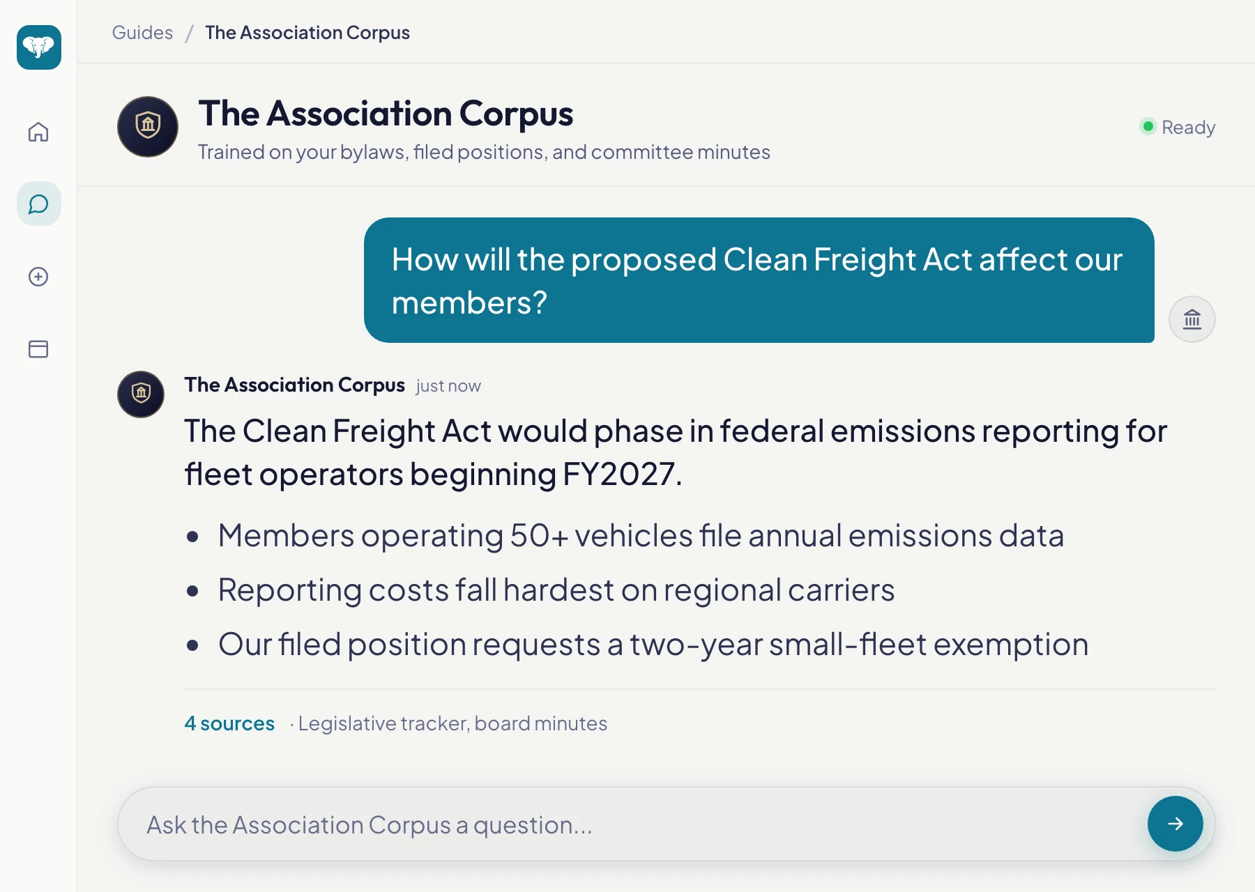 Industry Guide chat answering a member question with cited standards