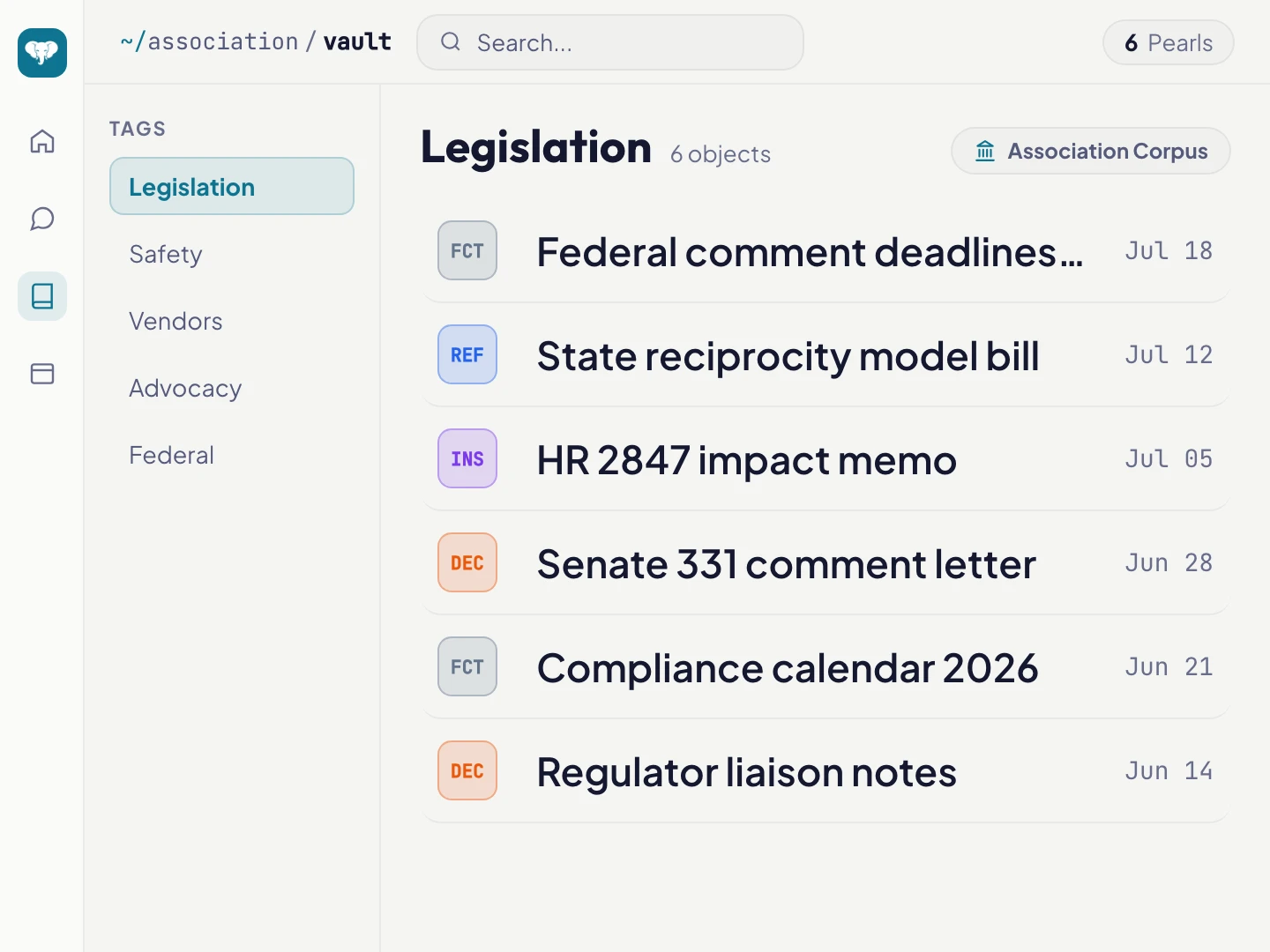 Vault view filtered to legislation Pearls