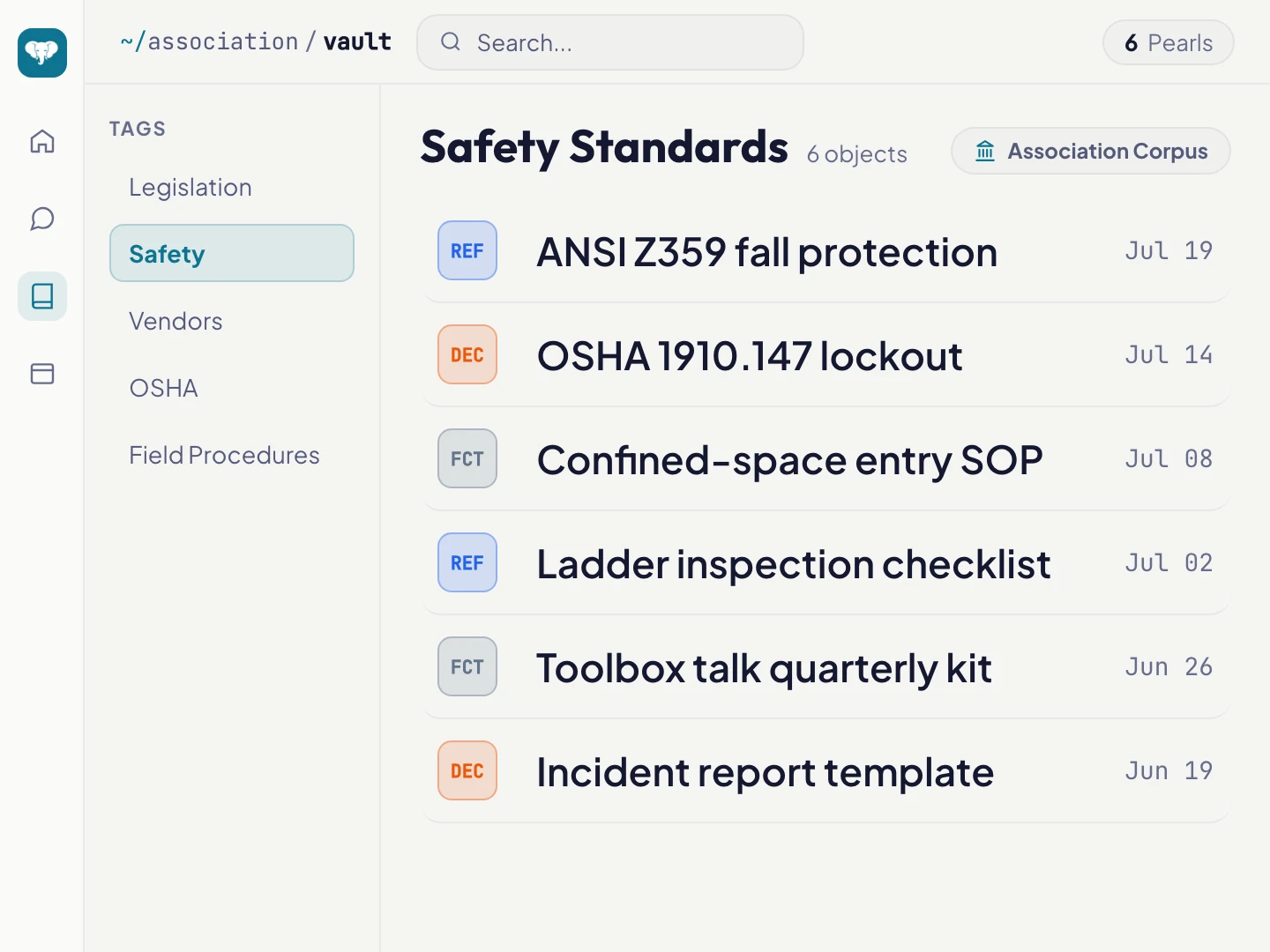 Vault view filtered to safety and compliance Pearls