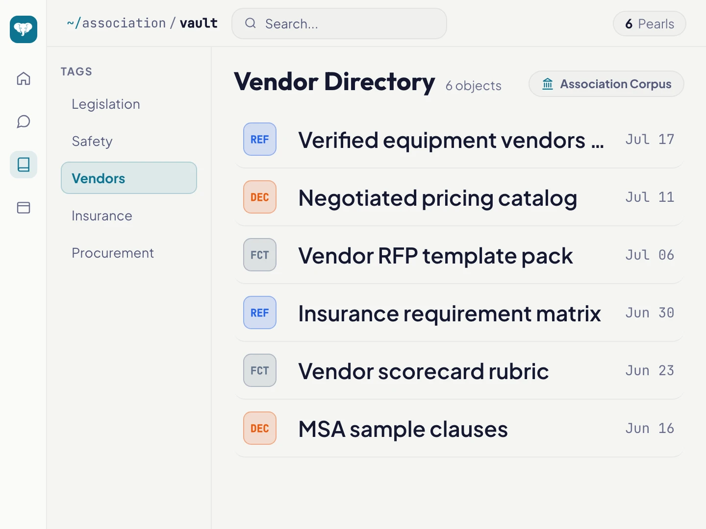 Vault view filtered to vendor and purchasing Pearls